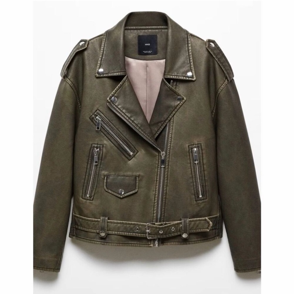 Mango Oversized Worn Effect Biker Jacket in Green Size M